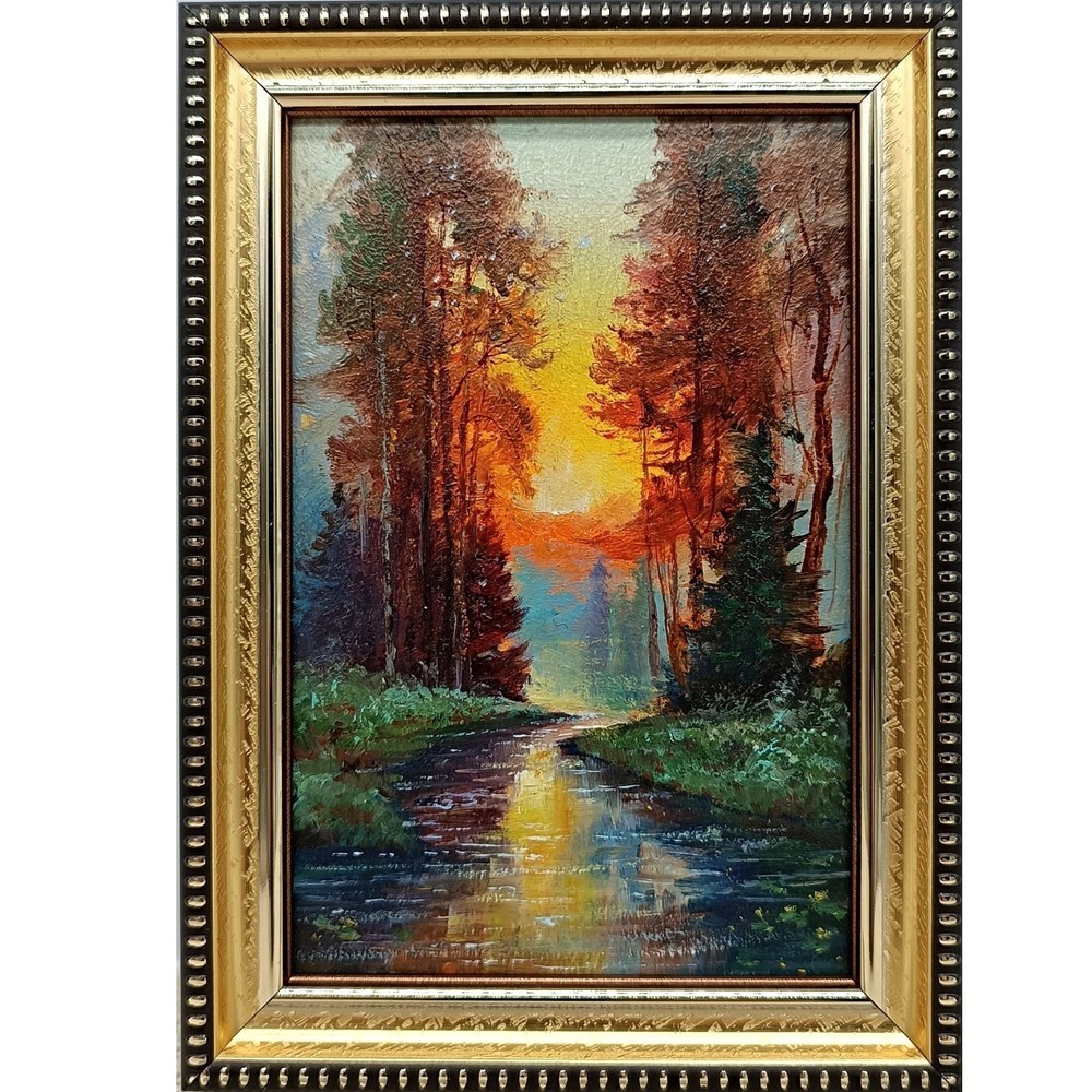 Forest Sunset Original Oil Painting 6×4 Framed Signed River Landscape Nature Art