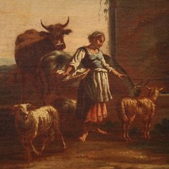 Roman school antique painting oil canvas artwork bucolic landscape 17th century