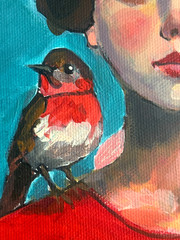 Original Acrylic Woman Portrait Painting 6×6 Bird Contemporary Signed AdriO