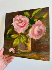 Flowers Roses Original Oil Painting on Canvas Bouquet Impasto Artwork Signed 8×8