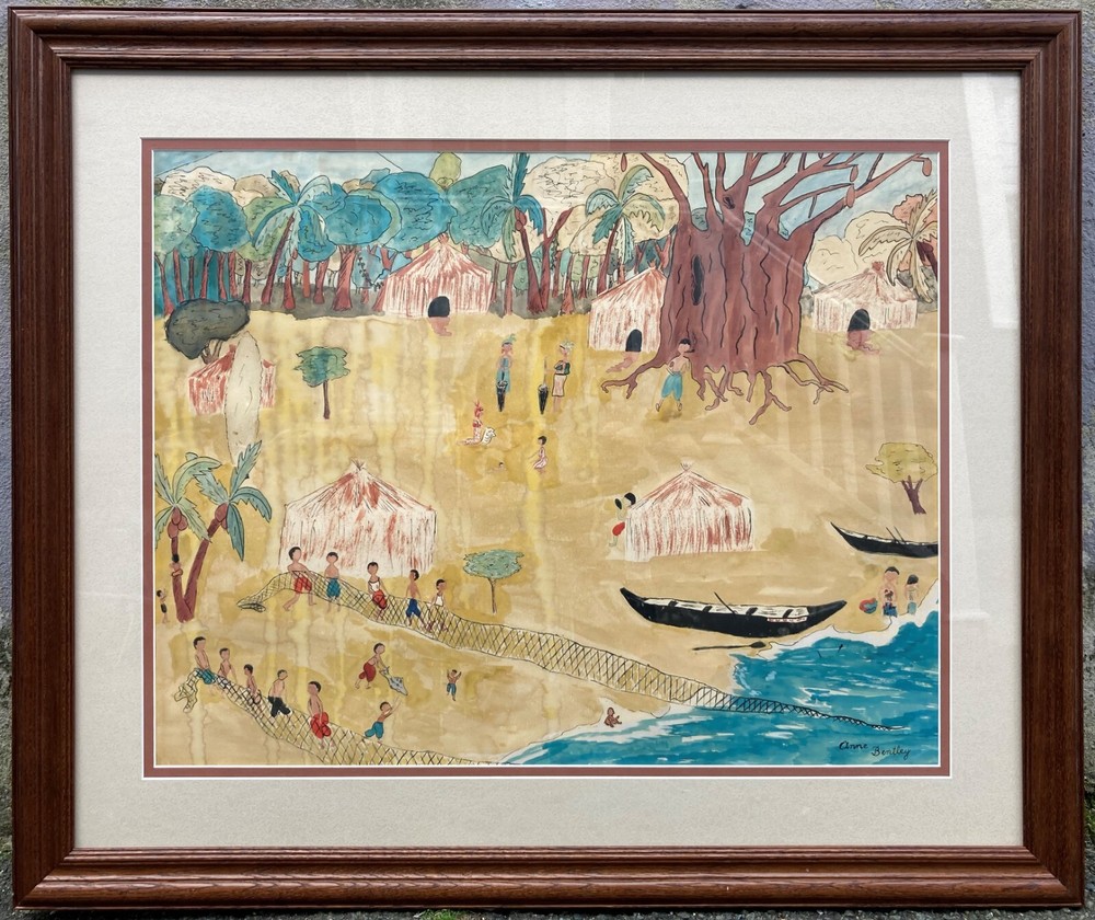 Anne Bentley Large Native Folk Art Watercolor Ink Painting Boston Massachusetts