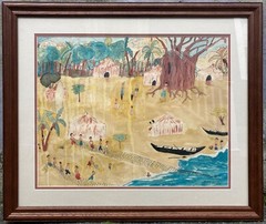 Anne Bentley Large Native Folk Art Watercolor Ink Painting Boston Massachusetts