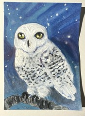 ACEO Original Painting Snow Owl Winter Night Nature Miniature Art Card OOAK