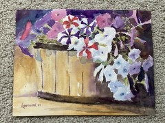 ORIGINAL WATERCOLOR Painting Signed Basket Petunia Flowers Louthian