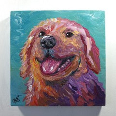 Colorful Golden Retriever Dog Original Acrylic Painting Pet Portrait Decor 6×6