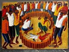 Laurent Casimir (1928-2009) 1967 Haitian Oil Painting Crowd Scene Masonite