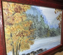 Vtg.Sm Original Landscape Oil Painting Framed River Mountain Scene Scallop Frame