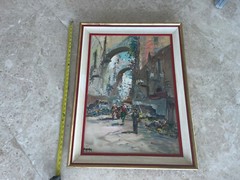 Italy Mid Century Impressionist Painting Village Street Flower Market Scene