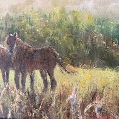 Detailed Animals Oil Painting „Grazing Horses“ Original Artwork