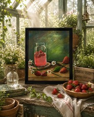 Strawberry Still Life Painting 20×16 Framed Daisies Acrylic Canvas