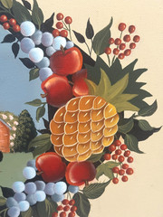 VINTAGE AMERICANA FOLK ART PAINTING VICTORIAN MANSION PINE CONE APPLE GRAPES ART