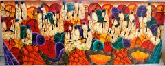 COLORFUL LARGE OIL PAINTING CANVAS SIGNED JOSEPH HAITIAN FOLK ART MARKET SCENE