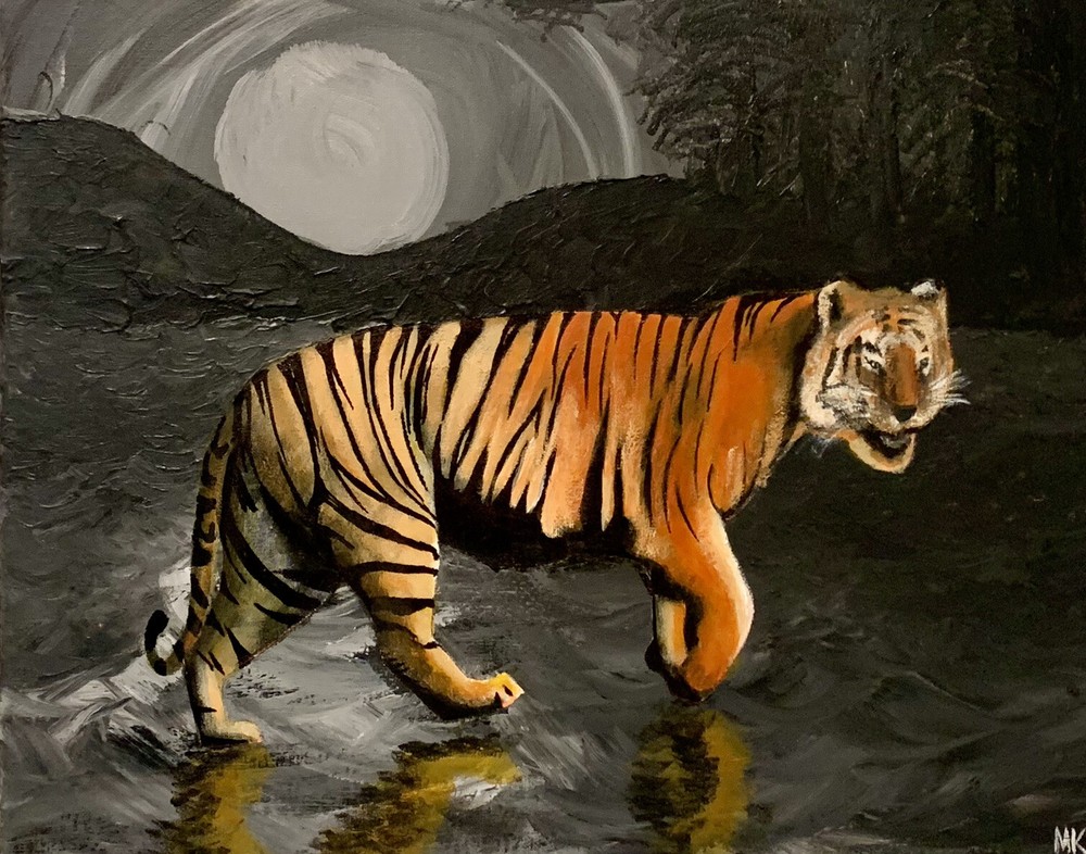 Tiger on Moonlit Water, 20x16in, acrylic on canvas, 2023 original unframed