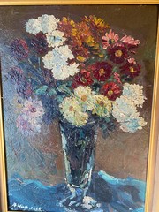 Oil painting by August Winkelhock Still Life Flowers in Vase Gerbera Blossoms
