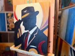 Original Modern Figurative Painting 11×14 – Noir Gentleman Silhouette, Hat Tip A