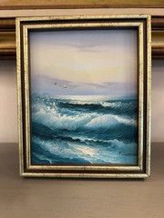Original Oil Painting Coastal Scene Waves Seagulls Sunset Artist Signed Framed