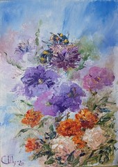 „Bumblebees“ painting. Oil on hardboard. 5×7 inch. Handmade. 2026. Unframed.