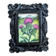 Thistle Flowering Plant mini watercolor print in vintage style ornate frame