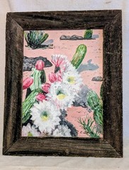 VTG Collectible OIL PAINTING Southwest FLOWERING Desert CACTUS In Rustic FRAME