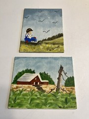 2 Miniature Hand Painted Canvas Pictures Barn Child Sitting In Field Ann Forrest