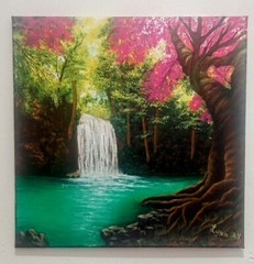 Lake Lagoon Waterfall Forest Original Acrylic Landscape Painting