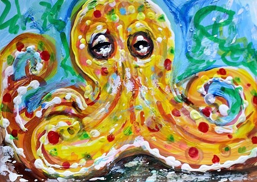 ORIGINAL ACEO Painting Yellow OCTOPUS Sea Ocean Squid Fish Marine 8 Legs ATC ART