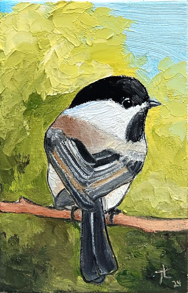 HOT CHICK 4X6 Original Oil Painting a Chickadee by Ty Livingston.