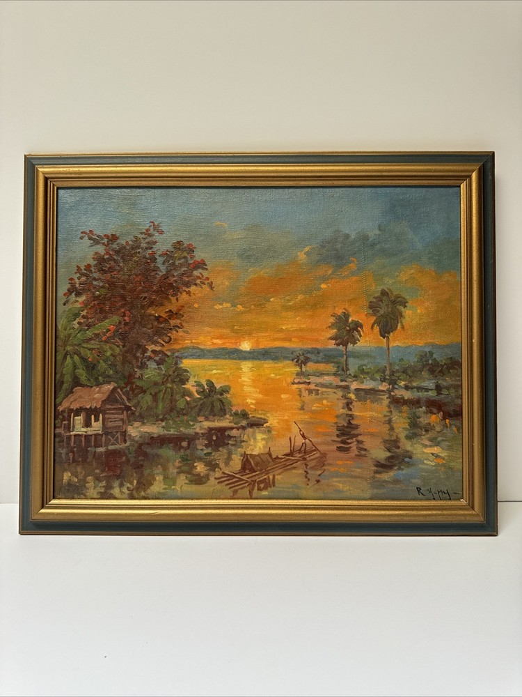 VINTAGE SUNSET PAINTING IMPRESSIONIST LANDSCAPE EVENING GLOW LISTED FAMOUS OIL