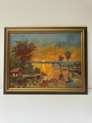 VINTAGE SUNSET PAINTING IMPRESSIONIST LANDSCAPE EVENING GLOW LISTED FAMOUS OIL