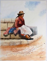 VINTAGE WATERCOLOR ON PAPER SIGNED MENDEZ SOUTH AMERICAN SEATED PERUVIAN WOMAN