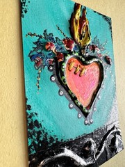 Sacred Heart Stitched Hand Painted 2.5 X 3.5” One Of A Kind 3D Metal Trim ACEO
