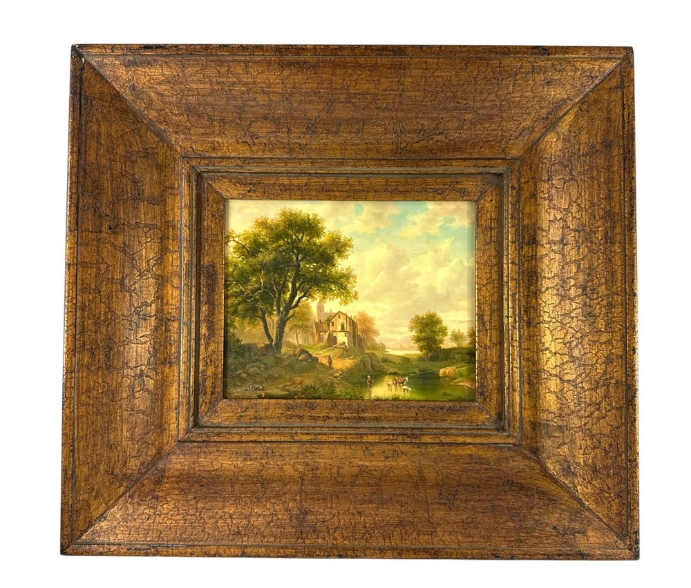 Signed W. Bell Landscape Oil Painting After Kruseman Framed Pastoral River Scene