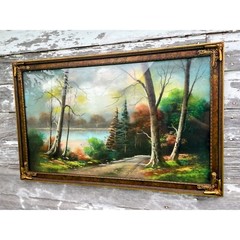 Antique Large Pastel Chalk Painting Mountain Lake Scene Gold Frame 32.5×20.5″