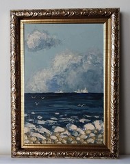 Framed Seascape Ships Cloudy Sky Northern Seashore 4×6” Original Oil Painting