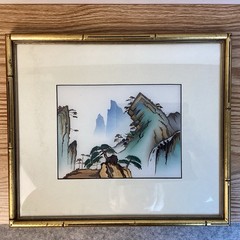 VTG Framed Wheat Stalk Oriental Landscape Painting On Silk Mountain Scene