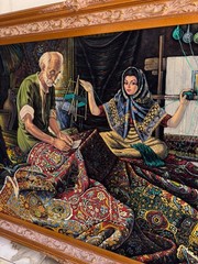 The Carpet Mender & His Daughter Oil Painting on Velvet Framed Arabic Art 41×56