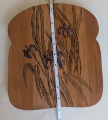 VTG Purple Iris Wood Burning Cutting Board Painted Signed Country Decor Bread