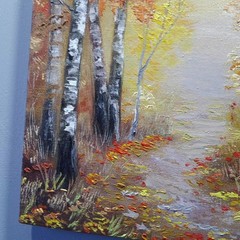 Autumn Forest Path Oil Painting Original Birch Trees Woodland Wall Art Decor 8×8