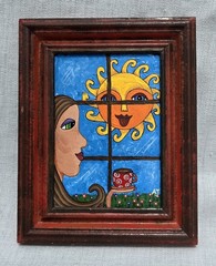 Original Framed Folkart Painting of Woman at Sunrise Colorful 9.5″x7.5″ Signed