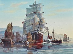 FRANK HAMILTON PAINTING THE STAR OF INDIA IN HONG KONG SHIP NAUTICAL MARINA BOAT