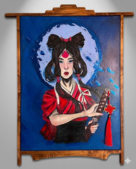Girl Samurai Original Painting | Large Acrylic Warrior Art, Japanese-Inspired