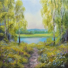 Lakeside Wildflower Path Oil Painting Nature Landscape Garden Artwork 10×10