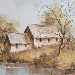VINTAGE FRAMED COUNTRY COTTAGE LANDSCAPE OIL PAINTING 39 x 49CM SIGNED GENE
