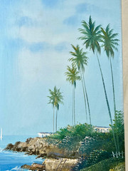 Oil Painting Canvas SEASCAPE Ocean Beach Palms, 12”x 24” signed By NIELSON