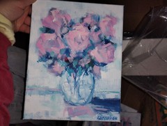 vintage folk art painting floral americana pastel flowers acrylic Beaulieu pink