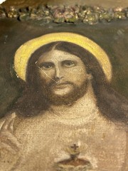 Antique Sacred Heart of Jesus Painting on Paper/Canvas Laid on Wood Gilt Frame