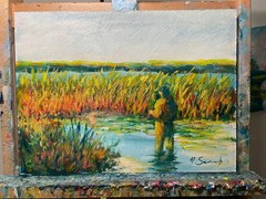 Original Oil Painting Fisherman in Marsh Wetland Landscape 12×16 Andy Semberecki