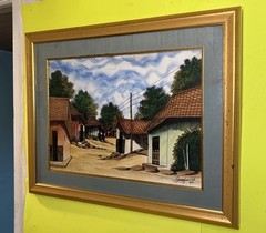 Vintage Latin American Folk Art Painting Signed Village 18″X13″ In Larger Frame!