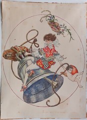 1953 Vintage Watercolor Girl on Bell with Angel Art Deco signed JV, 24×34 cm