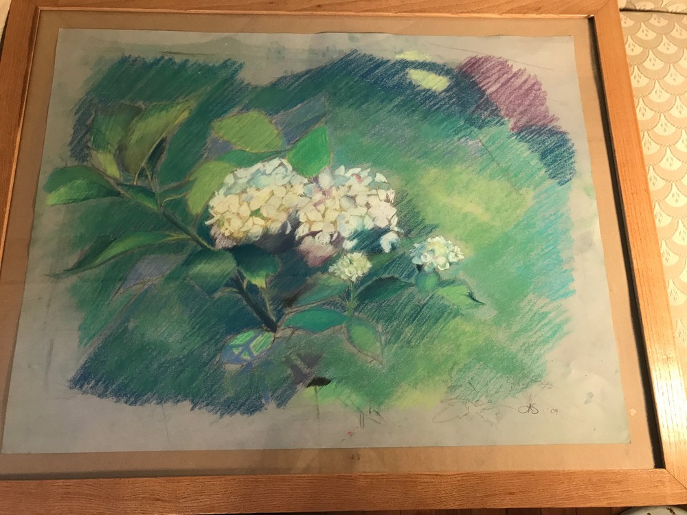 Large „Flowers On A Branch Scene“ Colored Pencil Drawing – Signed And Framed